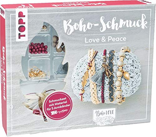 Boho-Schmuckset Love & Peace (Dunkelrot/Grau): Anleitung und Material für 5 Armbänder im Boho Look zum Selbermachen. Bänder, Biegeringe, Perlen und Anhänger. Nickelfrei von TOPP