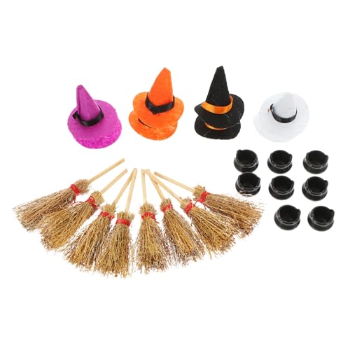 TOPPERFUN 1Satz Mini Hexenhüte Kleine Halloween Hüte Und Besen Für Puppenhaus Dekoration Bastelprojekte Und Mikrolandschaften Filigrane Ornamente Für Kreative DIY von TOPPERFUN