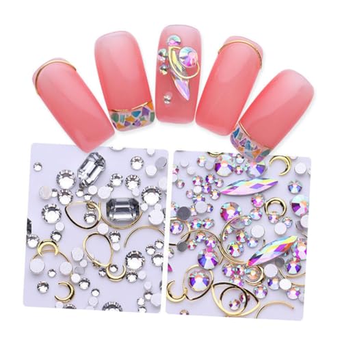 TOPPERFUN 4 Boxen Goldene Nail Art Strasssteine mit Metall Nieten Moon Heart Charms in Transparent Ab Champagner Weiß und Pink für Kreative Nagelgestaltung von TOPPERFUN