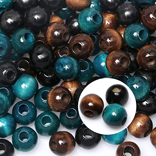 100 Stück Holzperlen Mit Großem Loch (15 mm) für Makramee-Handwerk - Braun/Blau/Schwarz, Runde Lose Abstandshalter Mit 6 mm Loch für Girlanden, Heimdekoration von TOPTAN