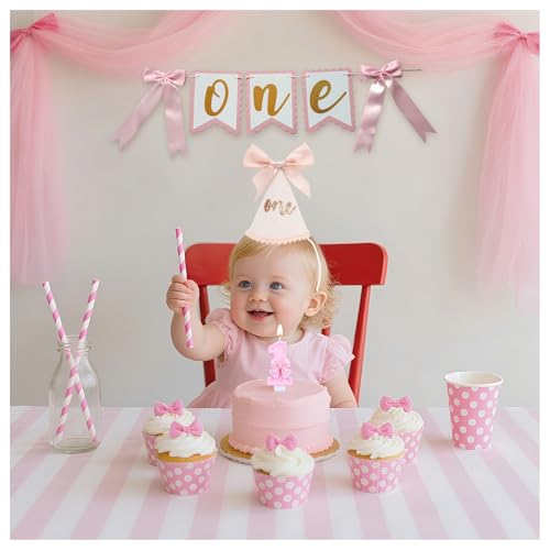 1. Geburtstag Dekorationen Mädchen, Banner mit rosa Schleife auf Hochstuhl, Glitzer Ein Hut, Nummer Eins Kerzen für Mädchen Erster Geburtstag Party Dekorationen Set (Glitter One) von TOPTHY