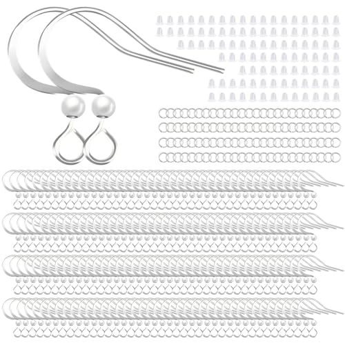 160 Stück/80 Paar silberne Ohrringhaken, hypoallergene Ohrdrähte, Fischhaken mit 100 Stück transparenten Silikon-Ohrringverschlüssen und 100 Stück Biegeringe Silberohrringen für DIY-Schmuckherstellung von TOPUSSESS
