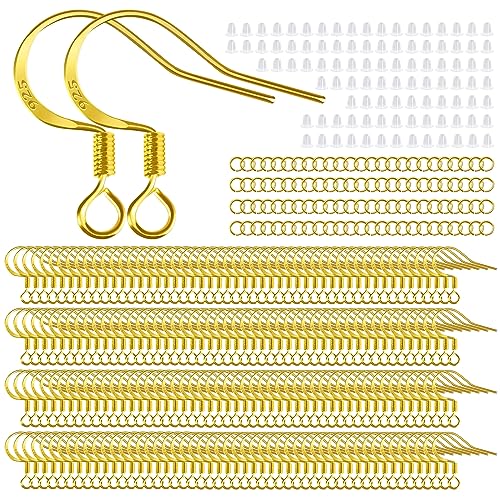 Ohrringhaken, hypoallergen, 925er Sterlingsilber, 18 Karat Gold, Ohrdraht, Fischhaken mit 100 transparenten Silikon-Ohrringverschlüssen und 100 Stück Biegeringe für DIY-Schmuckherstellung, 200 Stück / von TOPUSSESS