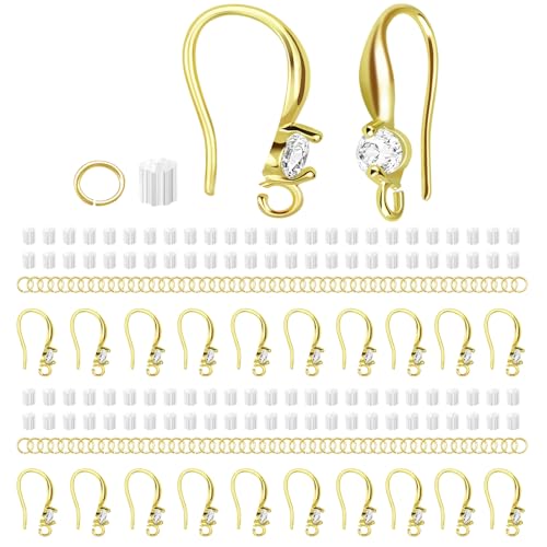 Ohrringhaken für Schmuckherstellung, 14 Karat vergoldete Ohrringhaken mit Zirkonia, hypoallergene Fischhaken für selbstgemachte Ohrringe, 220 Stück Ohrringhaken für Schmuckherstellung, 14 Karat vergoldete Ohrringhaken mit Zirkonia, hypoallergene Fischhaken für selbstgemachte Ohrringe, 220 Stück von TOPUSSESS