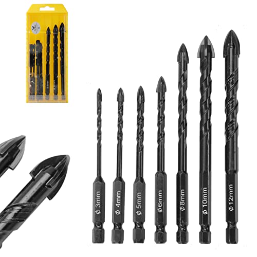 TOPWAY Bohrer-Set 6 Stück 1/4" (6,35 mm) Sechskantschaft, 4–12 mm Kreuzkopf-Mehrzweckbohrer mit Hartmetallspitze für Betonwand Mauerwerk Glas Keramikfliesen Ziegel Holzblock von TOPWAY