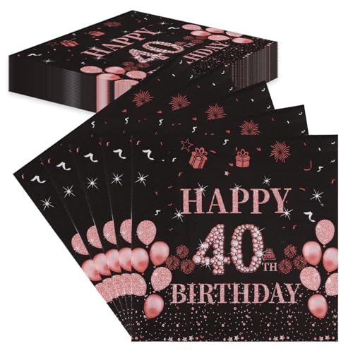 TOPWAYS 40 Geburtstagsdeko Servietten, 60Stück Schwarz Roségold Papier Party Servietten Tischdeko für Sie 40. Geburtstag Mädchen Frau Frauen Happy Birthday Servietten Tischdekoration (Geburtstag 40) von TOPWAYS