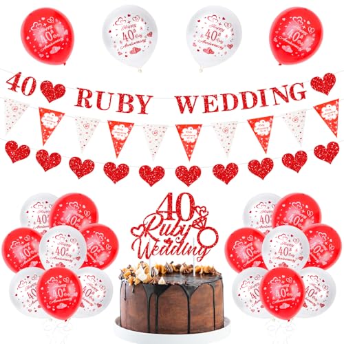 Rubinhochzeit Deko Party Set - 40 Jahre Jubiläum Luftballons, Banner, Cake Topper & Dreiecksflagge von TOPWAYS
