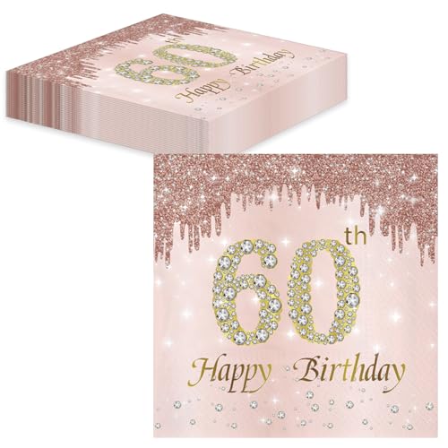 TOPWAYS 60 Geburtstagsdeko Servietten 60 Stück, Roségold Papier Party Servietten Tischdeko für 60. Geburtstag Mädchen Frau Frauen Party Happy Birthday Servietten Decorations (60) von TOPWAYS