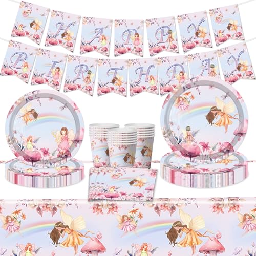 Blumenfee Elfe Mädchen Geburtstag Party Geschirr Set, Elf Prinzessin Party Supplies für Mädchen, Fee Party Banner Wimpelkette, Pappteller und Servietten Tischdecke für Mädchen Geburtstag Dekorationen Blumenfee Elfe Mädchen Geburtstag Party Geschirr Set, Elf Prinzessin Party Supplies für Mädchen, Fee Party Banner Wimpelkette, Pappteller und Servietten Tischdecke für Mädchen Geburtstag Dekorationen von TOPWAYS