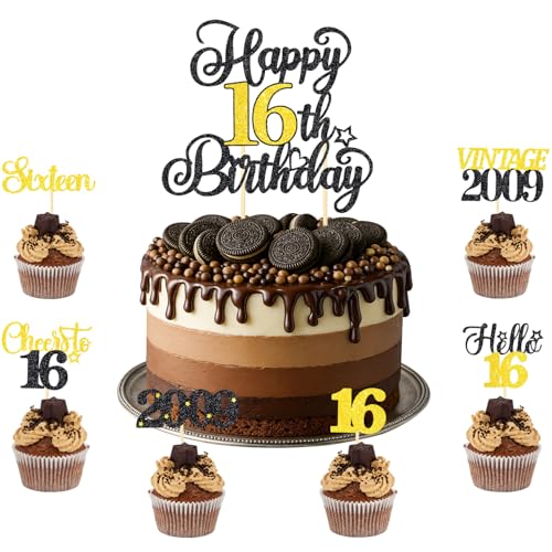 TOPWAYS 16. Geburtstag Dekoration Cupcake Cake Topper Set, Schwarz Gold Happy 16th Birthday Kuchen Cupcake Toppers 16. Kuchen Dekorationen für Sie und Ihn, Jungen, Mädchen (1 Stück + 24 Stück TOPWAYS 16. Geburtstag Dekoration Cupcake Cake Topper Set, Schwarz Gold Happy 16th Birthday Kuchen Cupcake Toppers 16. Kuchen Dekorationen für Sie und Ihn, Jungen, Mädchen (1 Stück + 24 Stück von TOPWAYS