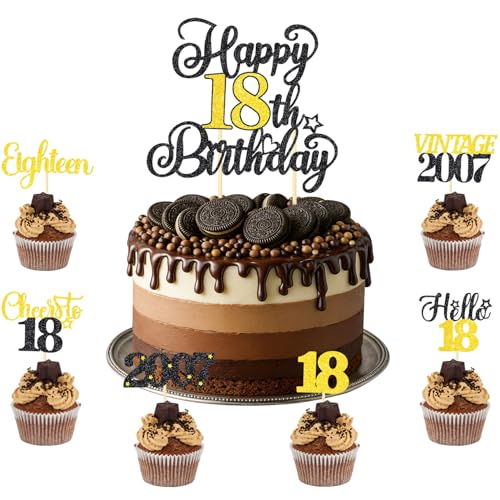 TOPWAYS 18. Geburtstag Dekoration Cupcake Cake Topper Set, Schwarz Gold Happy 18th Birthday Kuchen Cupcake Toppers 18. Kuchen Dekorationen für Sie Junge Mädchen (1 Stück + 24 Stück) (Birthday 18) von TOPWAYS