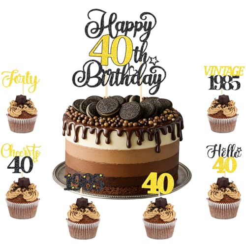 TOPWAYS 40. Geburtstag Dekoration Cupcake Kuchen Topper Set, Schwarz Gold Happy 40th Birthday Kuchen Cupcake Toppers 40. Kuchen Dekorationen für Sie Männer Frauen (1 Stück + 24 Stück) (Birthday40) von TOPWAYS
