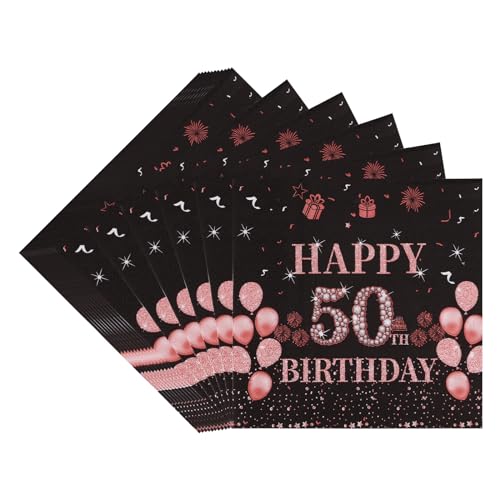 TOPWAYS 50 Geburtstagsdeko Servietten, 40Stück Schwarz Roségold Papier Party Servietten Tischdeko für Sie 50. Geburtstag Mädchen Frau Frauen Happy Birthday Servietten Deko (Servietten Geburtstag 50) von TOPWAYS