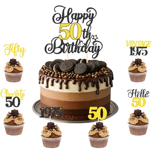 TOPWAYS 50. Geburtstag Dekoration Cupcake Cake Topper Set, Schwarz Gold Happy 50th Birthday Kuchen Cupcake Toppers 50. Kuchen Dekorationen für Sie Männer Frauen (1 Stück + 24 Stück) (Birthday50) von TOPWAYS