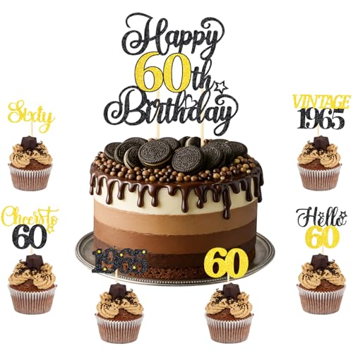TOPWAYS 60. Geburtstag Dekoration Cupcake Cake Topper Set, Schwarz Gold Happy 60th Birthday Kuchen Cupcake Toppers 60. Kuchen Dekorationen für Sie Männer Frauen (1 Stück + 24 Stück) (Birthday60) von TOPWAYS
