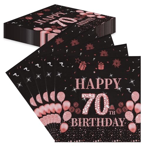 TOPWAYS 70 Geburtstagsdeko Servietten, 60Stück Schwarz Roségold Papier Party Servietten Tischdeko für Sie 70. Geburtstag Mädchen Frau Frauen Happy Birthday Servietten Tischdekoration (Geburtstag 70) von TOPWAYS