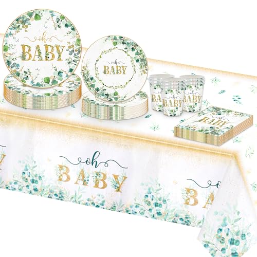 TOPWAYS Babyparty Deko Junge Mädchen Neutral Einwegbesteck Set, Grün Eukalyptus Papier Teller Becher Servietten Tischdecke für Baby Shower Deko Gender Reveal Party Decorations (16 Gäste) von TOPWAYS