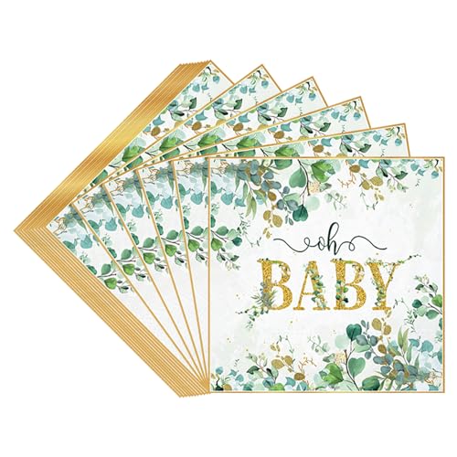 TOPWAYS Babyparty Deko Junge Mädchen Neutral Servietten, (33 x 33 cm) Grüne Eukalyptus Babyparty Servietten für Junge Mädchen Baby Shower Deko Gender Reveal Party Decorations (Servietten 48Stück) von TOPWAYS