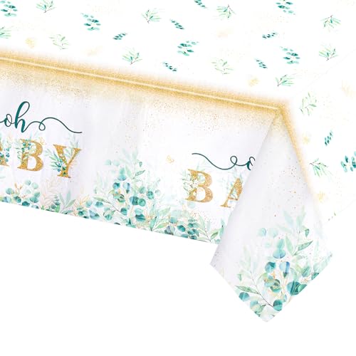 TOPWAYS Babyparty Deko Junge Mädchen Neutral Tischdecke, 54 x 108inch Grüne Eukalyptus Babyparty Tischdecke für Junge Mädchen Baby Shower Deko Gender Reveal Party Decorations (Tischdecke 1Stück) von TOPWAYS