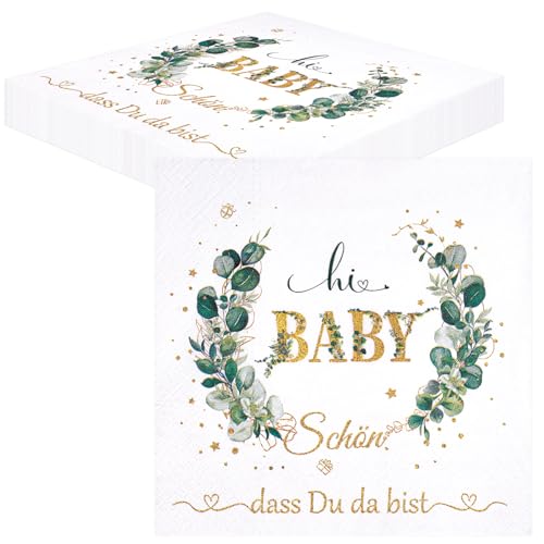 TOPWAYS Babyparty Deko Mädchen Junge Servietten, Servietten Eukalyptus Grün Baby Shower Deko Servietten Tischdeko für Junge Mädchen Neutral Gender Reveal Party Deko Servietten 40Stück von TOPWAYS