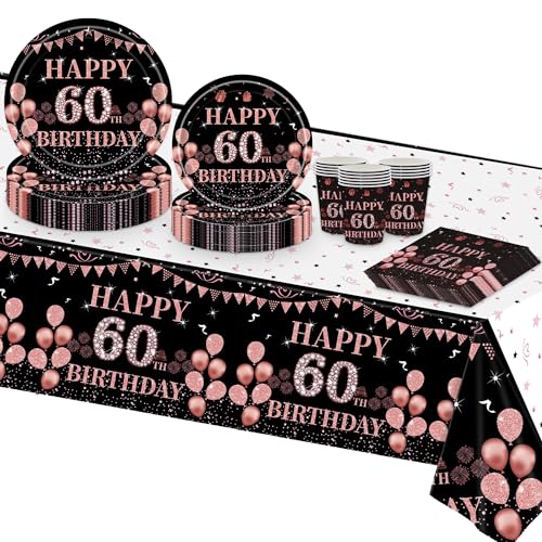 TOPWAYS Deko 60 Geburtstag Frauen, Schwarz Roségold Tischdeko 60. Geburtstag Frauen Partygeschirr Geburtstagsdeko Pappteller Tischdecke Pappbecher Servietten (16 Gäste) (60 geburtstag frau) von TOPWAYS