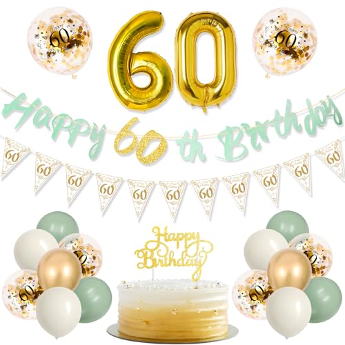 TOPWAYS Deko 60 Geburtstag Frauen Mann, Salbeigrüne Gold Geburtstagsdeko 60. Geburtstag Mann Frau Luftballons 60 Geburtstag mit Happy 60th Birthday Banner für 60 Geburtstag Frauen Männer Deko TOPWAYS Deko 60 Geburtstag Frauen Mann, Salbeigrüne Gold Geburtstagsdeko 60. Geburtstag Mann Frau Luftballons 60 Geburtstag mit Happy 60th Birthday Banner für 60 Geburtstag Frauen Männer Deko von TOPWAYS