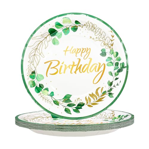 TOPWAYS Geburtstag um Eukalyptus Pappteller, 9inch 23cm Eukalyptus Leaves Geburtstag Einwegteller Partygeschirr für Geburtstag Junge Mädchen Mann Frau Happy Birthday Decorations (Teller 20Stück) von TOPWAYS