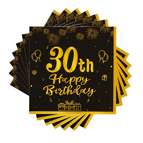 TOPWAYS 30 Geburtstagsdeko Servietten, Schwarz Gold Papier Party Servietten, Happy Birthday 30 Mann Frau Happy Birthday Servietten Decorations 60 Stück (30 geburtstag) von TOPWAYS