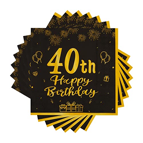 TOPWAYS 40 Geburtstagsdeko Servietten, Schwarz Gold Papier Party Servietten, Happy Birthday 40 Mann Frau Happy Birthday Servietten Decorations 60 Stück (40 geburtstag) von TOPWAYS