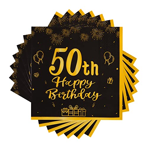 TOPWAYS 50 Geburtstagsdeko Servietten, Schwarz Gold Papier Party Servietten, Happy Birthday 50 Mann Frau Happy Birthday Servietten Decorations 60 Stück (50 geburtstag) von TOPWAYS