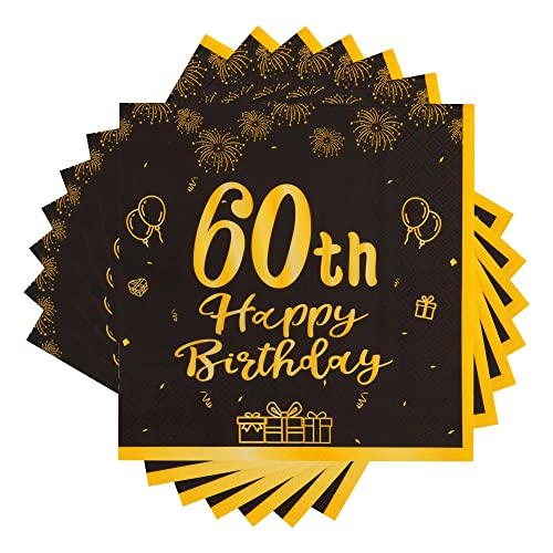 TOPWAYS Schwarz Gold 60 Geburtstagsdeko Servietten, 60Stück Papier Party Servietten Tischdeko für 60. Geburtstag Frau Mann Happy Birthday Servietten Decorations Party Supplies (60) von TOPWAYS