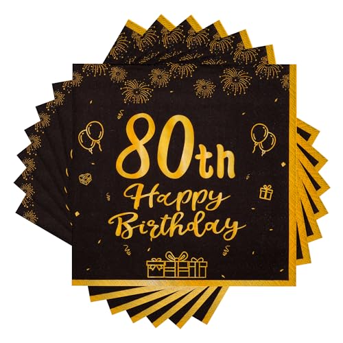 TOPWAYS 80 Geburtstagsdeko Servietten, Schwarz Gold Papier Party Servietten, Happy Birthday 80 Mann Frau Happy Birthday Servietten Decorations 60 Stück (80 geburtstag) von TOPWAYS