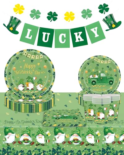 TOPWAYS St. Patrick Day Geschirr-Set, Lucky Green Shamrock Party Supplies Banner Pappteller Servietten Tassen Tischdecke für irische Festival Party Dekorationen 16 Gäste (Pygmy) von TOPWAYS