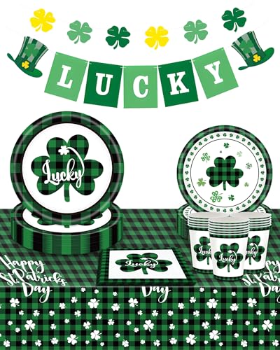 TOPWAYS St. Patrick Day Geschirr-Set, Lucky Green Shamrock Party Supplies Banner Pappteller Servietten Tassen Tischdecke für irische Festival Party Dekorationen 16 Gäste von TOPWAYS