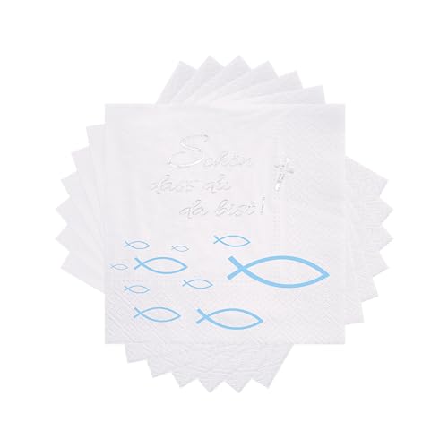 Topways Taufe Deko Servietten, 40Stück Fisch Weiß Servietten Tischdeko für Kommunion, Konfirmation, Taufe Deko Junge Mädchen Servietten '' Schön dass Du da bist '' (Servietten blau) von TOPWAYS
