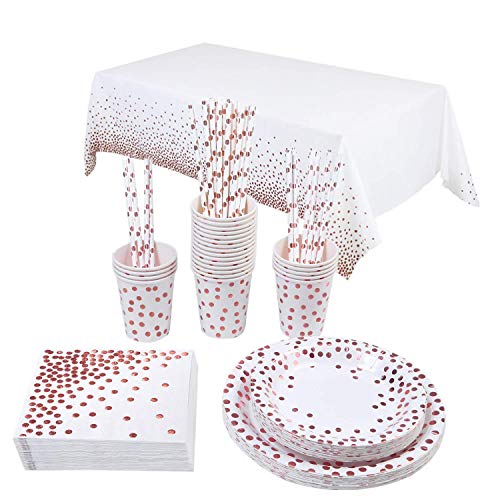 TOPWAYS Roségold Dots Geburtstagsdeko Partygeschirr Pappteller Set, Einweg Papier Teller Tischdecke Becher Servietten Partyzubehör zum Geburtstag kinder Mädchen Frau, Hochzeiten, Jubiläums(16 Gäste) von TOPWAYS