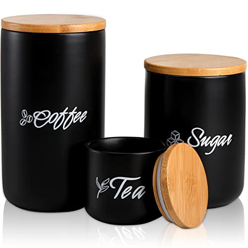 TOPZEA 3er Set Küchendose, Keramik Kanister Zylinder Set mit Bambus Deckel Luftdicht Tee Kaffee Zucker Behälter Küche Dose, Arbeitsplatte, Schwarz von TOPZEA