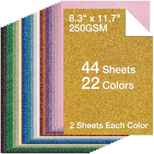 Glitzer-Karton, A4, kein Ausfallen, glitzerndes Papier für Cricut, Kartenherstellung und Scrapbooking, 250 g/m² Bastelpapier (A4, 21,1 x 29,7 cm), 44 Blatt von TORC