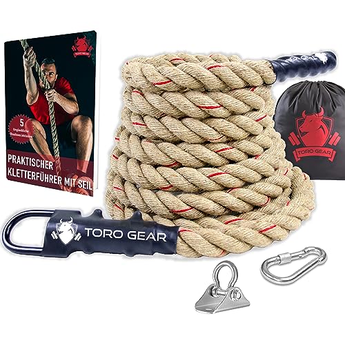 TORO GEAR | 38 Millimeter Juteseil zum Klettern, 3-6 Meter | Kletterseil mit Karabinerhaken und Aufhänger für Crossfit, Fitness, Fitnessstudios und Feuerwehrtraining (38 mm X 4 m) von TORO GEAR