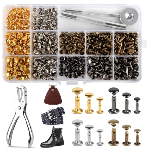 Leder Nieten Set, 180 Stück Metallniete Doppelkappe mit Nietenzange und Lochzange Hohlnieten 12mm 8mm 6mm Nieten für Leder Nieten und Kleidung, mit 3 Werkzeug für DIY Lederhandwerk Kleidung Dekoration von TOSAVGA