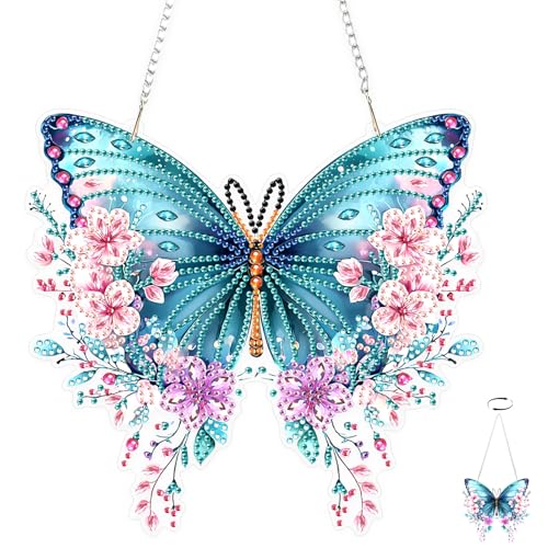 TOSTOG Diamond Art Hanging Kits für Erwachsene, 5D Blumen Diamant Malerei für Erwachsene Fenster Anhänger, Spezielle Form Diamanten DIY Lovely Butterfly Diamond Painting Hängende Anhänger Kit für von TOSTOG