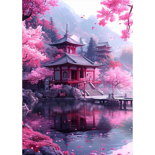 TOSTOG Diamond Painting für Erwachsene,Rosa Blumen im Tempel Diamant Painting Kits Full Drill Bilder 5D DIY Diamant Malerei Set 30x40cm für Wanddekor von TOSTOG