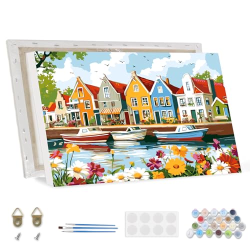 TOSTOG Malen Nach Zahlen Erwachsene mit Rahmen,Haus und Boot Acrylmalerei Set DIY Handgemalt Ölgemälde Kit Paint by Numbers Adult Beginner,Hause Dekoration Verwendet Werden 30x40cm von TOSTOG