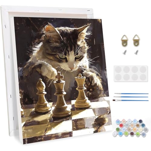 TOSTOG Malen Nach Zahlen Erwachsene mit Rahmen,Katze und Schach Acrylmalerei Set DIY Handgemalt Ölgemälde Kit Paint by Numbers Adult Beginner,Hause Dekoration Verwendet Werden 30x40cm von TOSTOG
