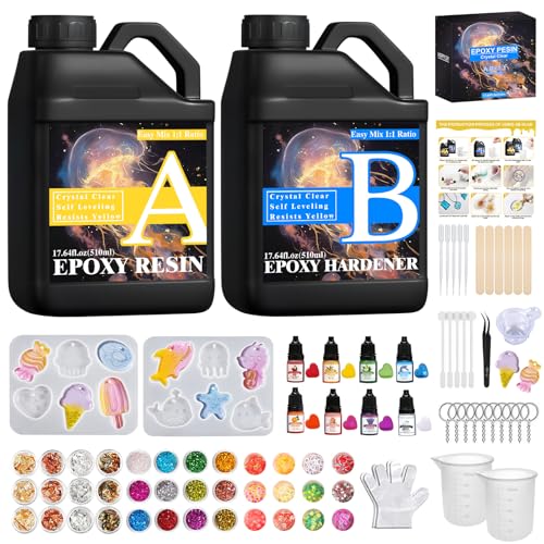 TOSUTO 1020 ml Epoxidharz Set Anfänger,Glasklar Resin Harz Gießen Set,Harz Gießen Zubehör mit Glitzer,Silikonformen,1: 1 Verhältnis,Epoxy Resin für DIY Schmuckherstellung, Handwerk, Holz, Aquarium von TOSUTO