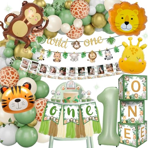 Deko 1.Geburtstag Junge Mädchen, Dschungel Geburtstagsdeko mit 1. Dschungel Safari Tierballonbogen, Fotobanner, Ballonbox, Hochstuhl Banner, Tortenaufsatz, Geburtstag Deko für Jungen und Mädchen von TOSZOLY