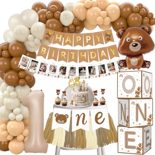 Geburtstagsdeko 1 Jahr Junge, Deko Erster Geburtstag Mädchen Junge, 1. Kindergeburtstag Deko mit Luftballon 1. Geburtstag, Happy Birthday Girlande, Cake Topper, Ballonbox für Baby 1 Jahr von TOSZOLY