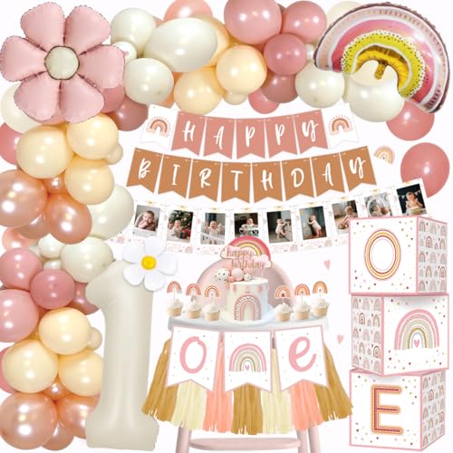 TOSZOLY Boho Geburtstagsdeko 1 Jahr Mädchen, Deko 1. Geburtstag Mädchen mit Fotogirlande, Ballonbox, Folienballon 1, Regenbogen Tortendeko, Luftballon 1. Geburtstag für Babyparty Deko TOSZOLY Boho Geburtstagsdeko 1 Jahr Mädchen, Deko 1. Geburtstag Mädchen mit Fotogirlande, Ballonbox, Folienballon 1, Regenbogen Tortendeko, Luftballon 1. Geburtstag für Babyparty Deko von TOSZOLY