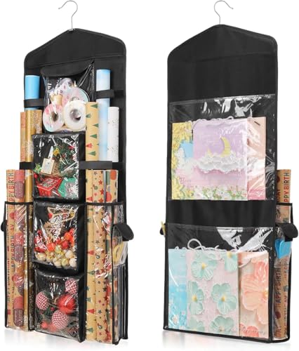 TOTTPED Geschenkpapier-Aufbewahrungs-Organizer, doppelseitiger hängender Geschenkpapierhalter mit transparenten Taschen (schwarz) von TOTTPED
