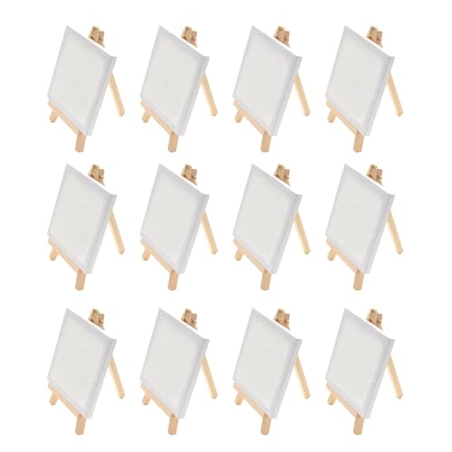 12 Stück Mini Leinwand mit Mini Staffelei 8x8cm/3x3in, Kleine Holz Dreieck Staffelei Leinwände für Malerei zum Zeichnen Hochzeit Dekoration Namensschild von TOUROCMONT